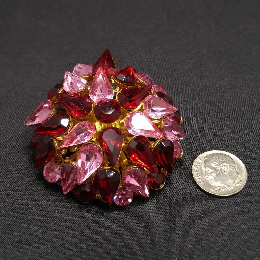 Red & Pink Domed Rhinestone Brooch, Gold Plated Filigree Backing, 1950s Vintage